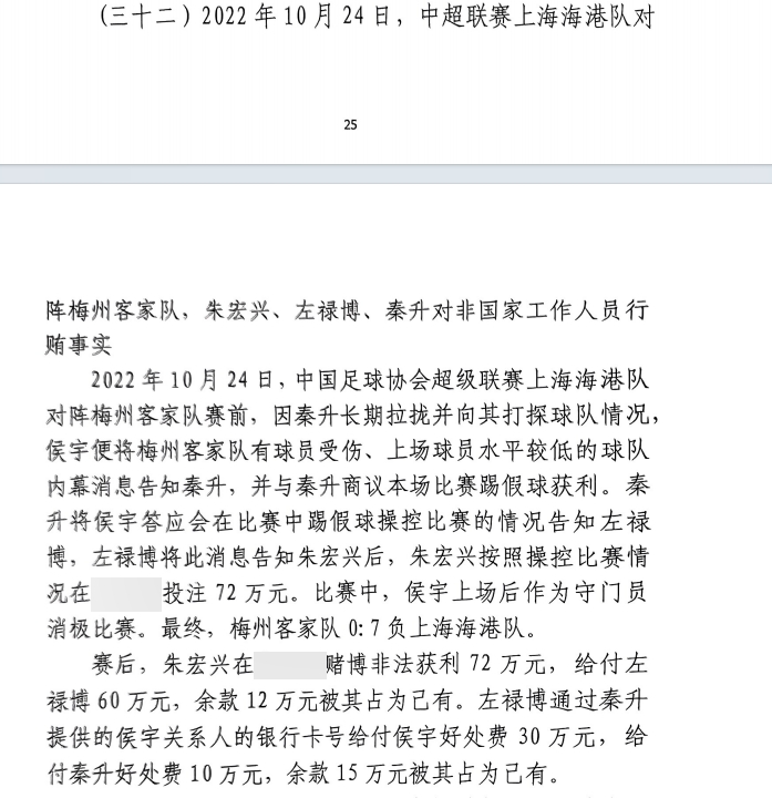 網(wǎng)傳判決書：梅州0-7海港，梅州守門員侯宇收30萬好處費消極比賽