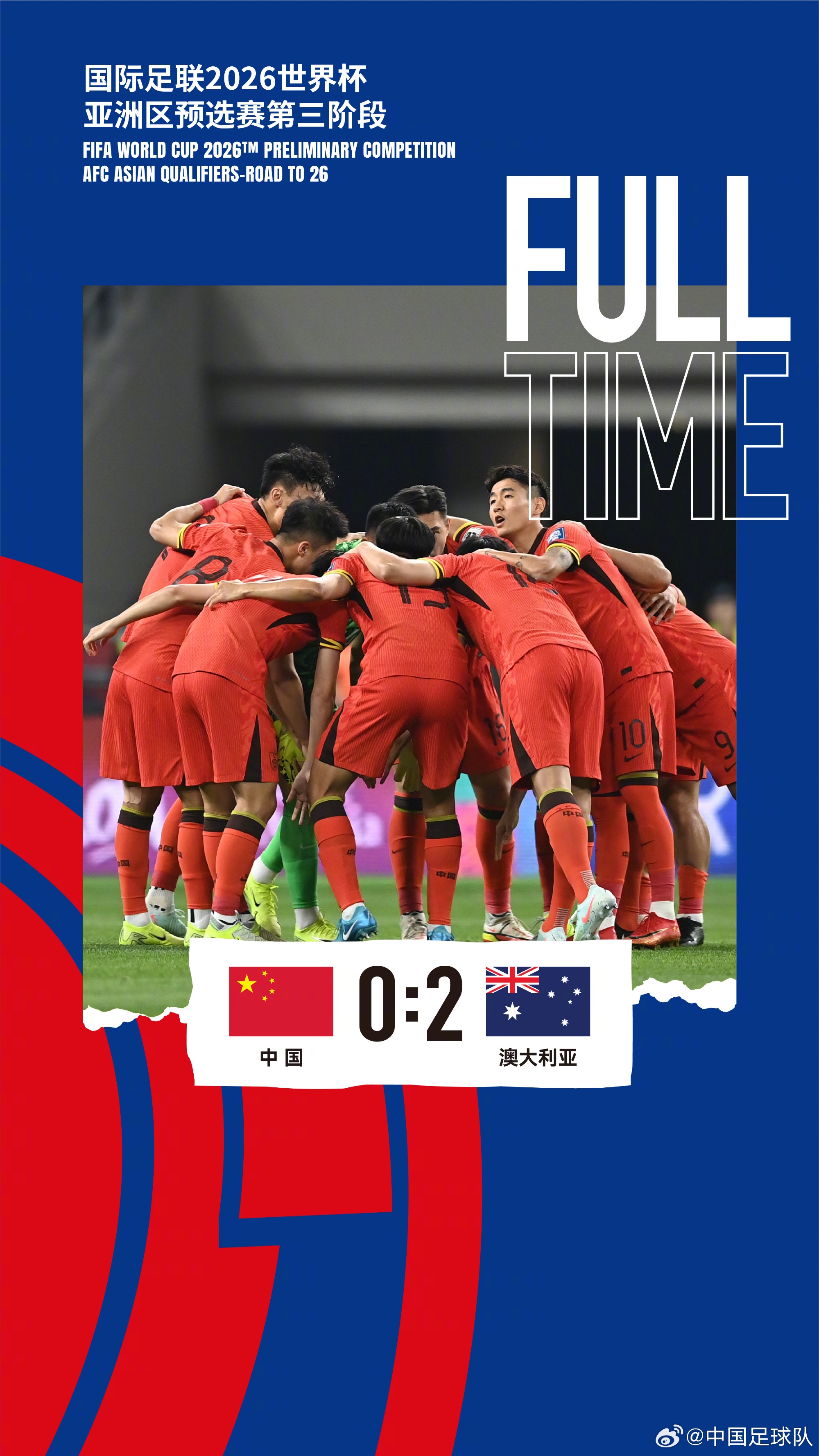 美加墨世界杯亞洲區(qū)預(yù)選賽第三階段第八輪，中國(guó)隊(duì)0-2澳大利亞隊(duì)